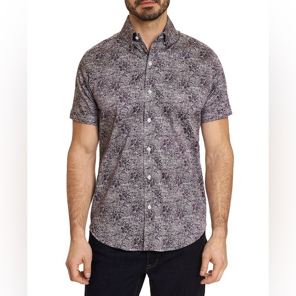 ROBERT GRAHAM Cotton Stretch Paisley short sleeve  Button Down Black Shirt Sz L - Picture 1 of 4